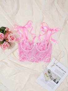 Petal Illusion Embroidered Mesh Underwire Bra - Pink
