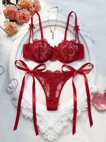 Bordeaux Knot Sheer Lace Bra & Panty Duo - Burgundy