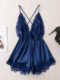 Satin Reverie Lace-Trim Cross-Back Romper - Navy Blue