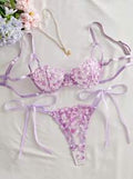 Violet Veil Floral Mesh Lace-Up Lingerie Set - Purple