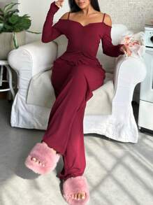 After Hours Cold-Shoulder Knit Lounge Set - Burgundy