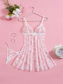 Fleur Front-Button Mesh Nightdress & Panty Set - White