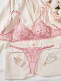 Rosette Embroidered Mesh Bra & Panty Set - Pink