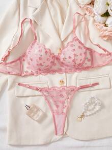 Rosette Embroidered Mesh Bra & Panty Set - Pink