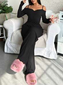 After Hours Cold-Shoulder Knit Lounge Set - Black