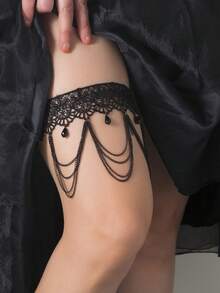 Vintage Muse Lace & Pearl Thigh Chain - Black