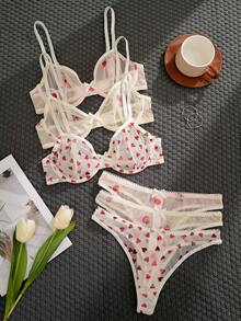 Sweet Motif Bow Underwire Bra Set, 3 Pieces - White