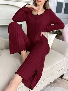 Hearth Ribbed Fleece Pajama Set - Burgundy