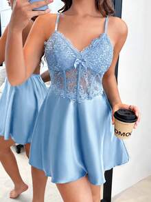 Satin Contour Lace & Bow Slip Dress - Baby Blue