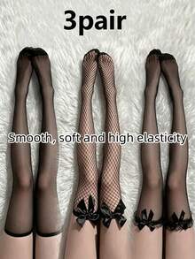 Bow Charm Sheer Fishnet Thigh-Highs, 3 Pairs - Black