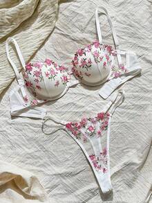 Blossom Bow Embroidered Push-Up Balconette Set - Pink
