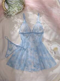 Fleur Front-Button Mesh Nightdress & Panty Set - Baby Blue