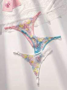 Floral Kiss Low-Rise Embroidered Thongs, 3-Pack - Multicolor