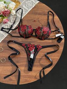 Strappy Bloom Embroidered Lingerie Duo - Black