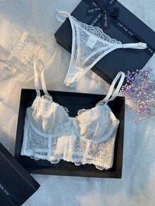 Petal Vow Floral Embroidered Mesh Lingerie Set - White