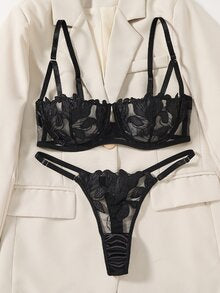 Maple Whisper Sheer Balconette Lingerie Set - Black