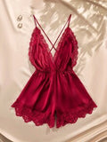 Bridal Reverie Lace Cross-Back Satin Romper - Red